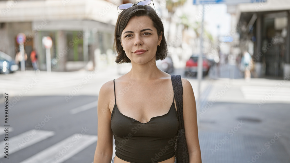 Portrait of a relaxed young hispanic woman with cool short hair and sunglasses, standing on a sunny urban street, expressing her beautiful lifestyle outdoors