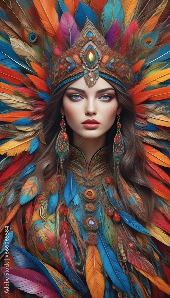 Portrait of a beautiful woman with bright make-up and feathers