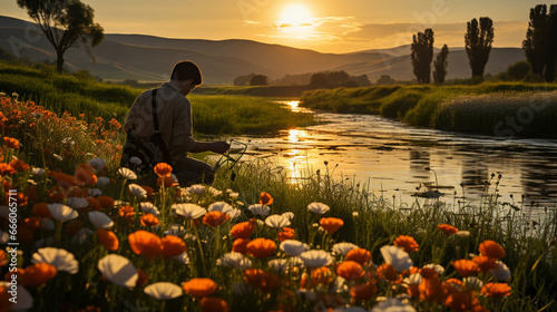 Casting in harmony with nature: A fisherman stands amidst a field of blooming wildflowers as they cast their line into a picturesque river