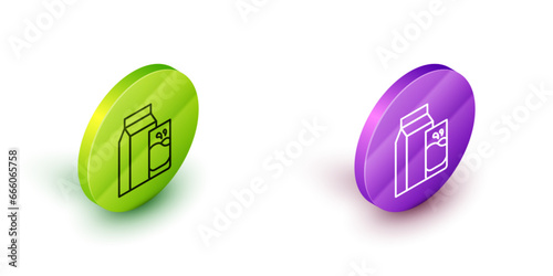 Isometric line Paper package for kefir and glass icon isolated on white background. Dieting food for healthy lifestyle and probiotics fulfillment. Green and purple circle buttons. Vector