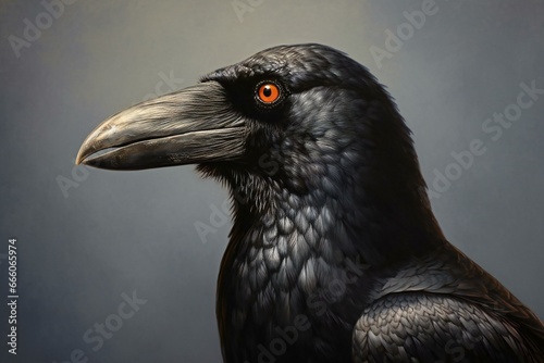 Close-up portrait of a raven on a dark gray background