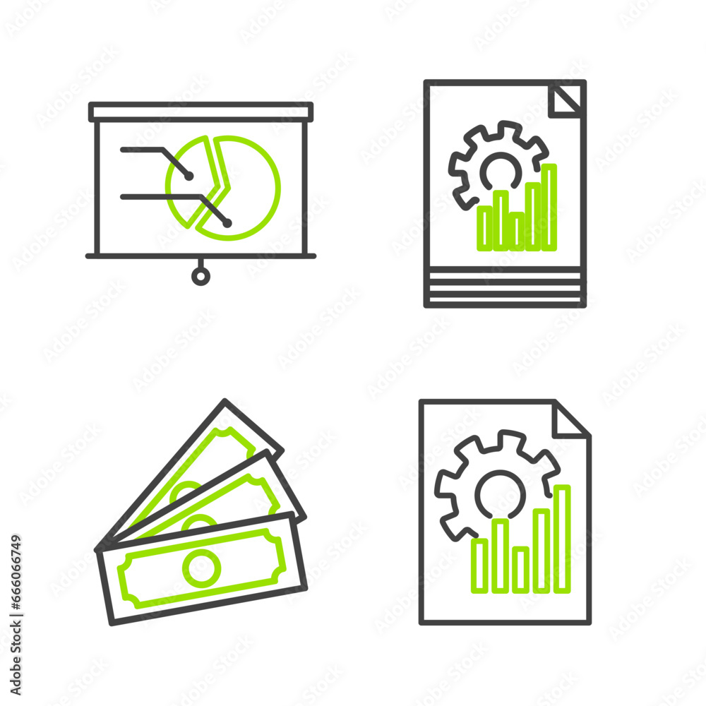 Set line Document with graph chart, Stacks paper money cash, and Board icon. Vector Set line Document with graph chart, Stacks paper money cash, and Board icon. Vector