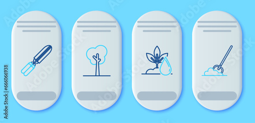 Set line Tree, Watering plant, Gardening handmade scissors for trimming and Shovel the ground icon. Vector