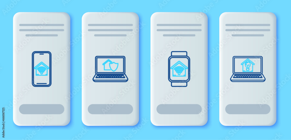 Set line Laptop with house under protection, Smart watch smart home wi-fi, Mobile phone and and light bulb icon. Vector Set line Laptop with house under protection, Smart watch smart home wi-fi, Mobile phone and and light bulb icon. Vector