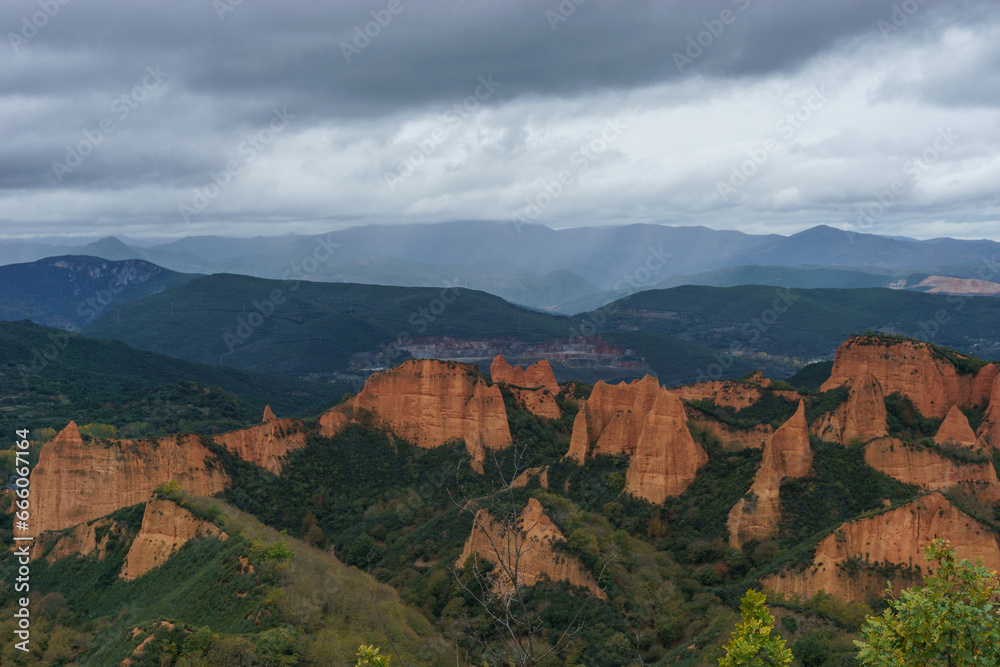 Unesco world heritage site of spectacular landscape of las Medulas an ancient roman gold mine on a cloudy autumn day near Ponferrade, Leon, Spain