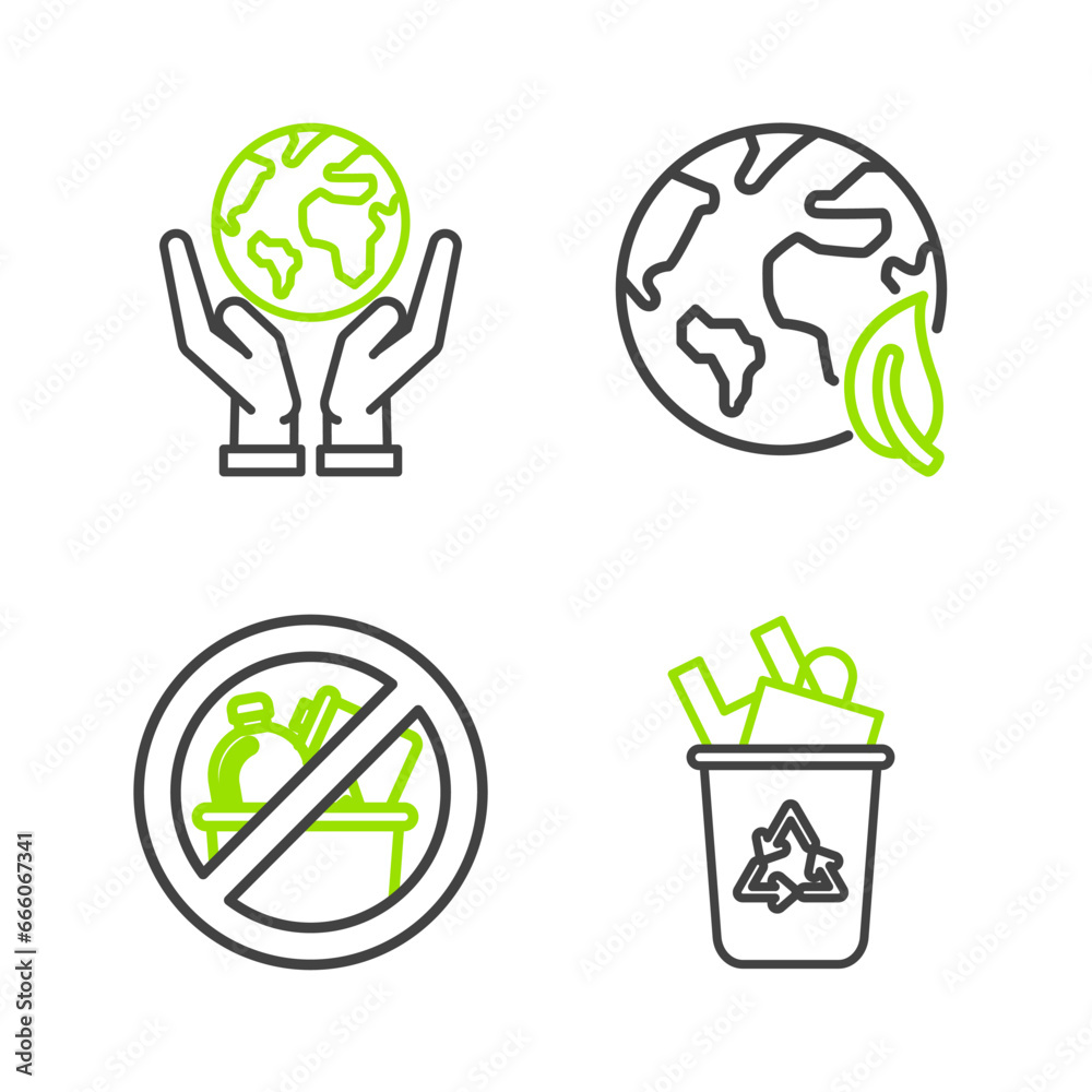 Set line Recycle bin with recycle symbol, No trash, Earth globe and leaf and Human hands holding icon. Vector Set line Recycle bin with recycle symbol, No trash, Earth globe and leaf and Human hands holding icon. Vector