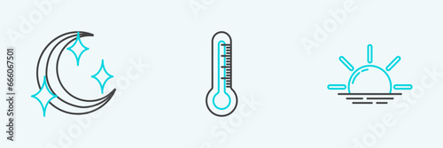 Set line Sunrise, Moon and stars and Thermometer icon. Vector