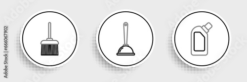 Set line Plastic bottles for liquid dishwashing liquid, Handle broom and Toilet plunger icon. Vector