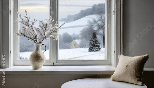 Slender vase embellishes a tall window with a white frame, positioned atop a wooden table painted in white. In the background, there's a framed image depicting a snowy landscape