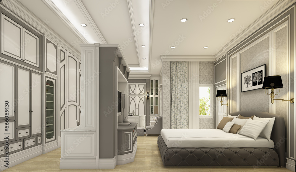 Obraz premium 3d render illustration The master bedroom of the house wanted to use every space in the room in a contemporary style.