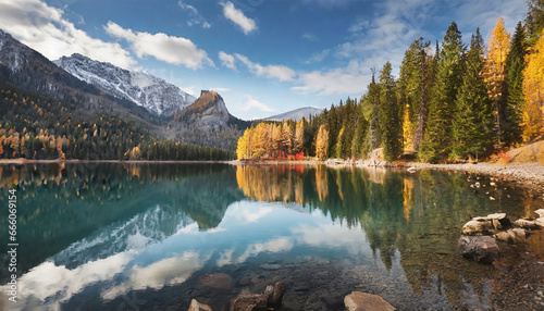 Autumn woods mirrored in a lake. Vibrant autumn sunrise in the mountainous terrain. Scenic morning at a mountain lake. Fall season in Canada