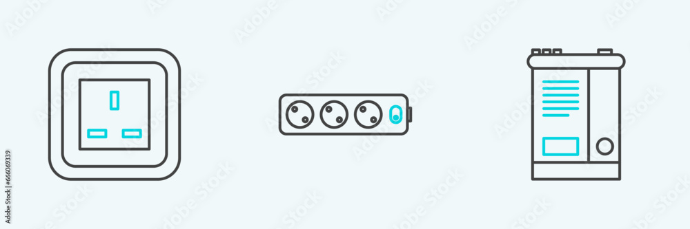 Set line Car battery, Electrical outlet and extension cord icon. Vector Set line Car battery, Electrical outlet and extension cord icon. Vector