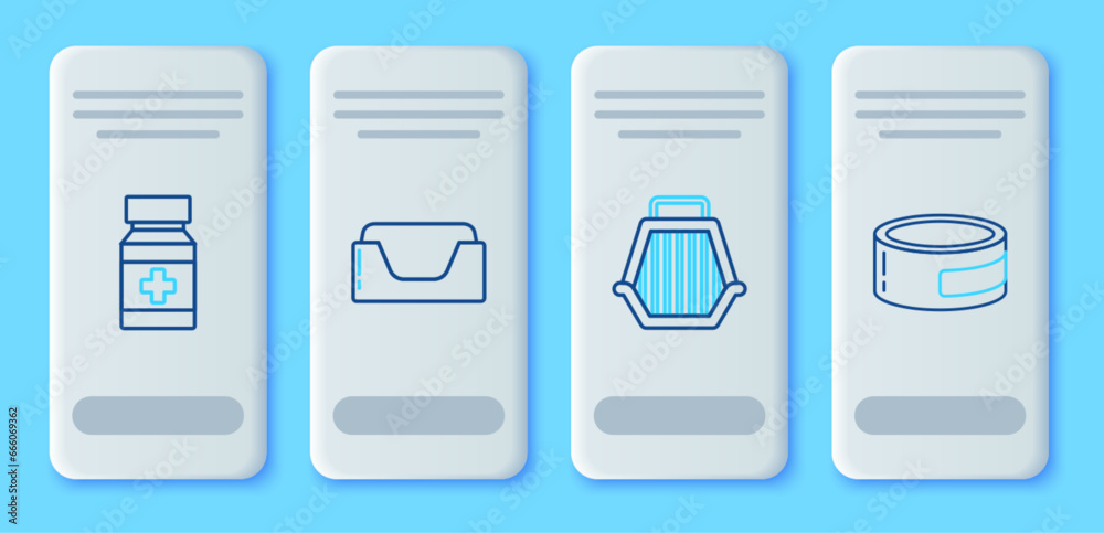 Set line Pet bed, carry case, Dog medicine bottle and pills and Canned food icon. Vector Set line Pet bed, carry case, Dog medicine bottle and pills and Canned food icon. Vector