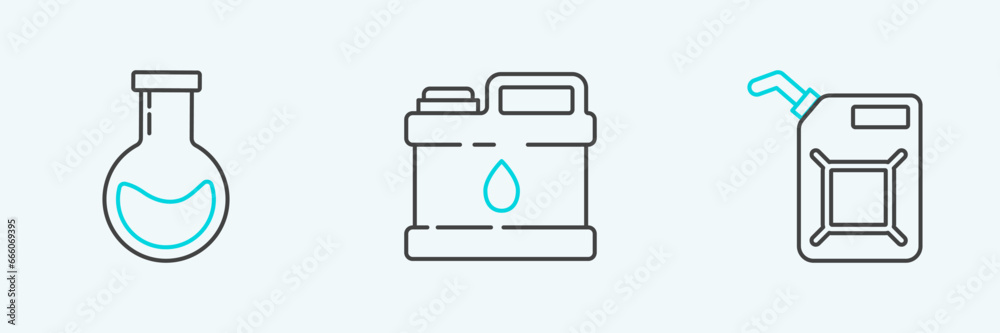 Set line Canister for gasoline, Test tube and flask and motor machine oil icon. Vector Set line Canister for gasoline, Test tube and flask and motor machine oil icon. Vector