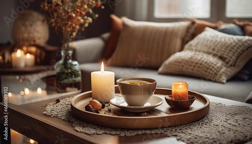 Aspects of a domestic living room's still life. A serving dish with tea and lit candles. Relax and enjoy a book. Comfortable residence