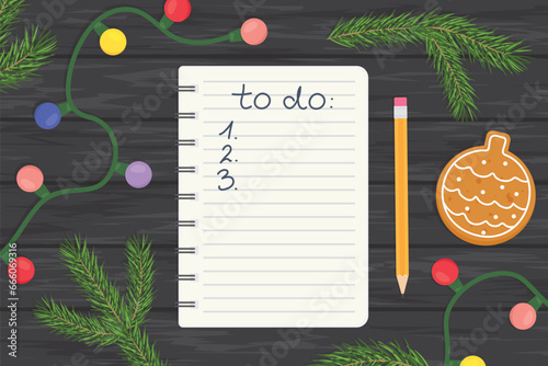 spiral notebook with christmas to do list; christmas planning -vector illustration