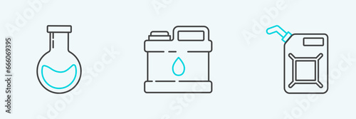 Set line Canister for gasoline, Test tube and flask and motor machine oil icon. Vector