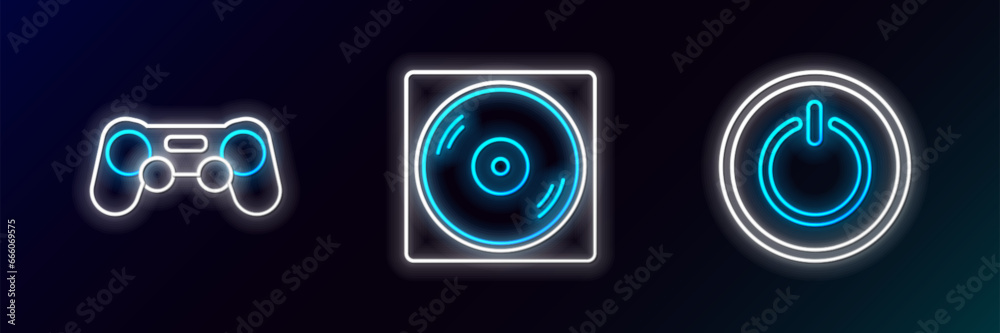 Set line Power button, Gamepad and Vinyl disk icon. Glowing neon. Vector Set line Power button, Gamepad and Vinyl disk icon. Glowing neon. Vector