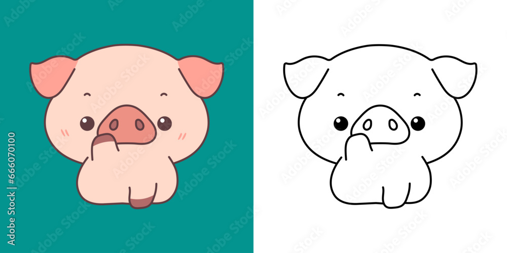 Kawaii Clipart Pig Illustration and For Coloring Page. Funny Kawaii Farm Animal. Cute Vector Illustration of a Kawaii Animal for Stickers, Baby Shower, Coloring Pages