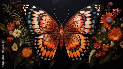  a butterfly with a lot of flowers on it's wings.  generative ai © Anna