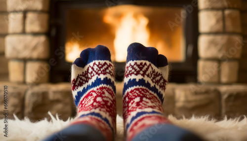 Legs wearing woolen socks by the fireplace during the winter season