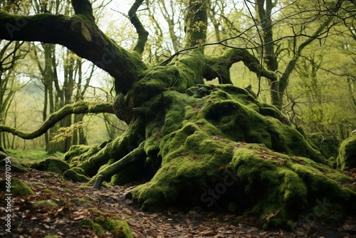 A tree covered in moss  lying on the ground in a woodland. Generative AI