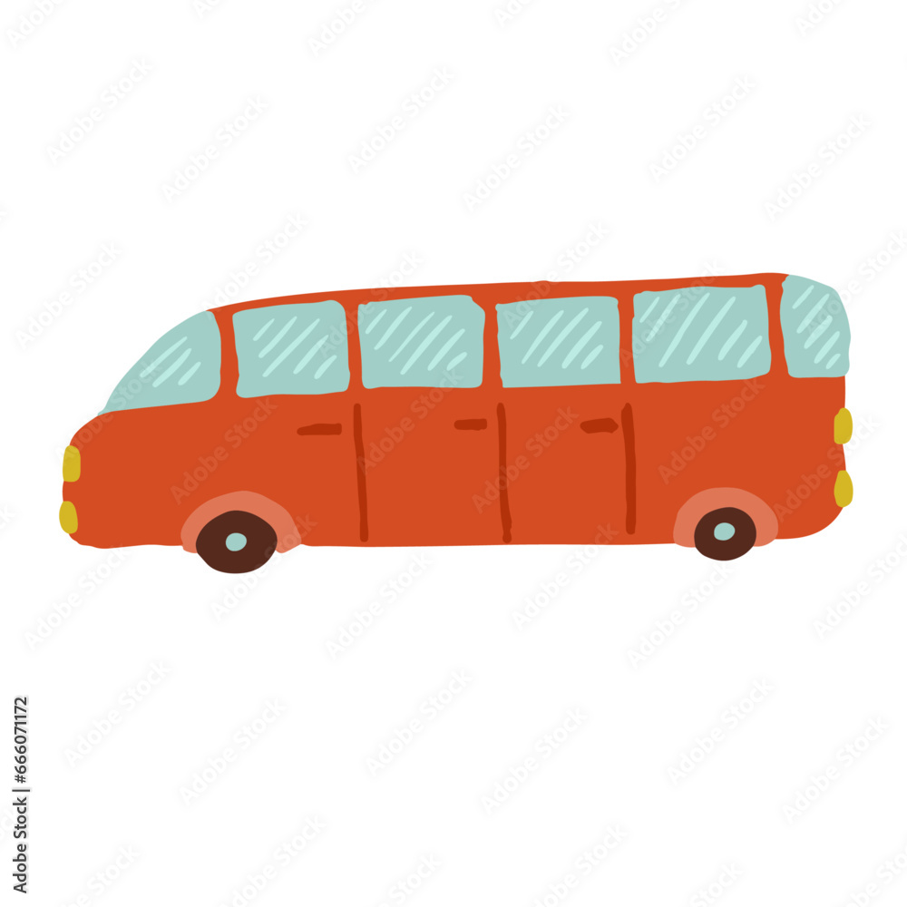 Children's doodles of transport, funny bus. Vector graphics.