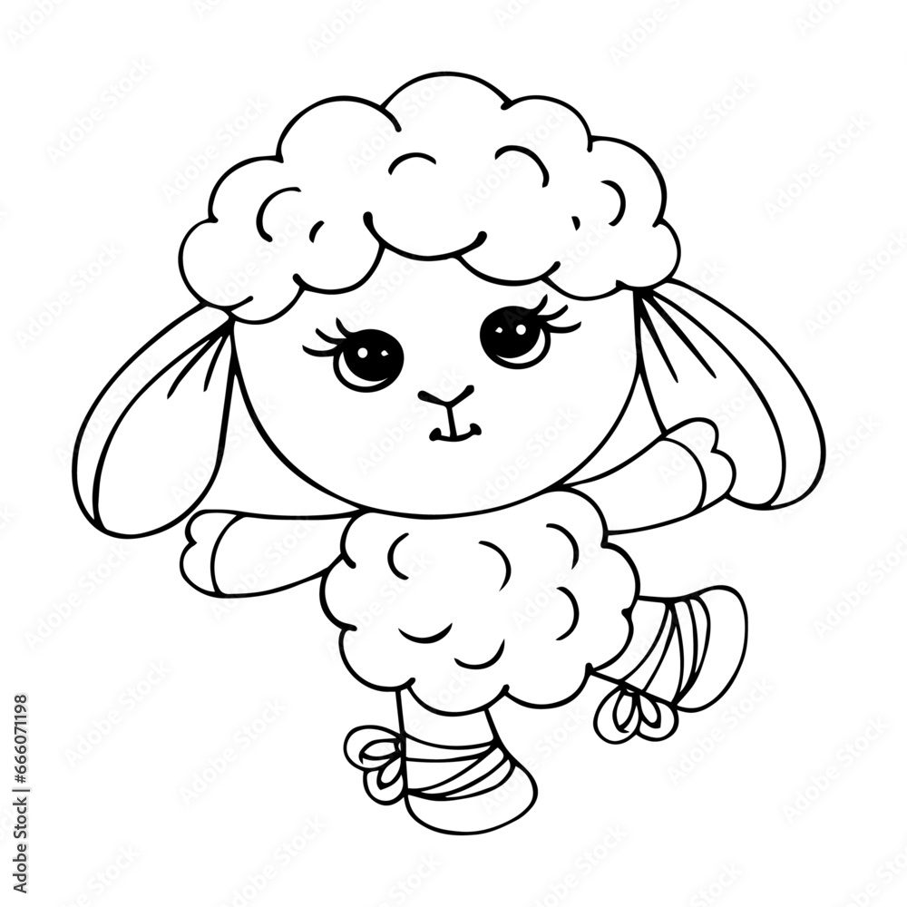 Fototapeta premium Line sketch, coloring of a cute sheep ballerina.Vector graphics.