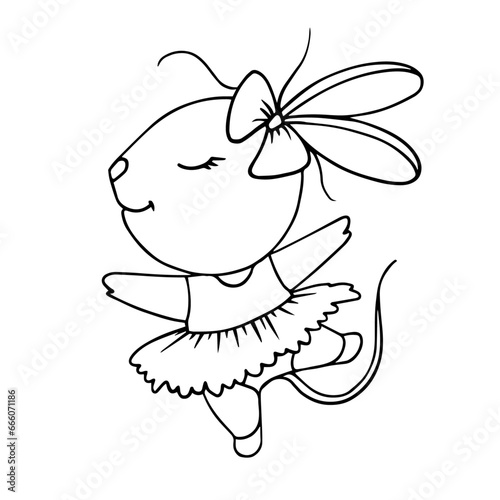 Line sketch, coloring of a cute ballerina mouse.Vector graphics.
