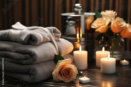 Black towels with jars of cream and candles in the interior of a dark spa salon
