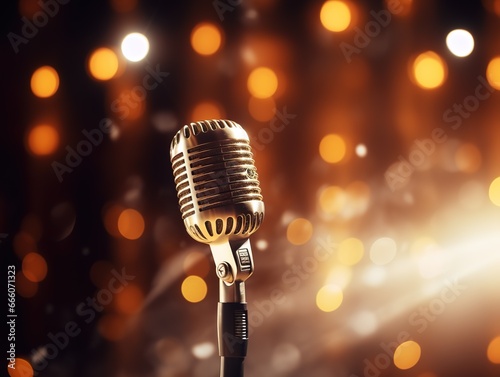 Detail to microphone on the stage with glowing blurred background