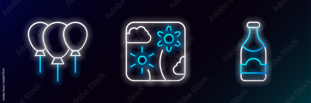 Set line Champagne bottle, Balloons with ribbon and Firework rocket icon. Glowing neon. Vector Set line Champagne bottle, Balloons with ribbon and Firework rocket icon. Glowing neon. Vector