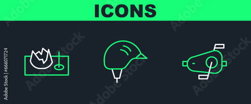 Set line Bicycle pedals, on street ramp and helmet icon. Vector