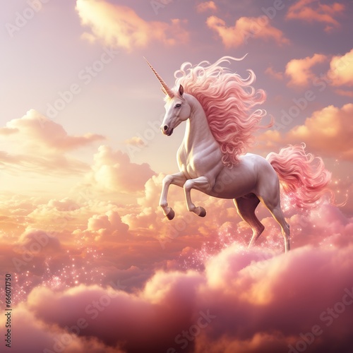 Lovely unicorn jumping on the pink clouds  pink effects around