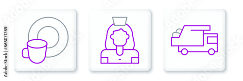 Set line Garbage truck, Washing dishes and Cleaning lady service icon. Vector