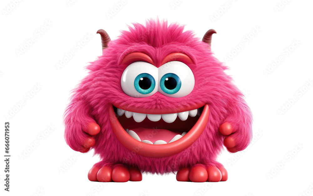 Funny Monster with Pink Horns and Crazy Face 3D Character Isolated on Transparent Background PNG.