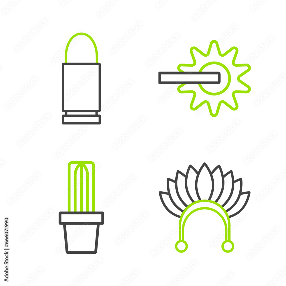 Set line Indian headdress with feathers, Cactus peyote in pot, Spur and Bullet icon. Vector Set line Indian headdress with feathers, Cactus peyote in pot, Spur and Bullet icon. Vector