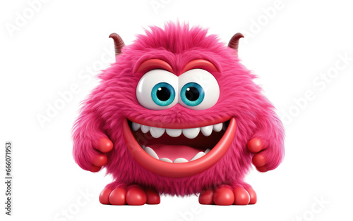 Funny Monster with Pink Horns and Crazy Face 3D Character Isolated on Transparent Background PNG.