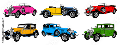Vintage Retro Cars Collection. Color vector cliparts isolated on white.