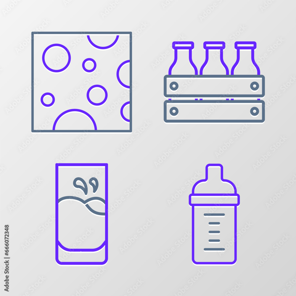 Set line Baby milk in a bottle, Glass with, Bottled wooden box and Cheese icon. Vector