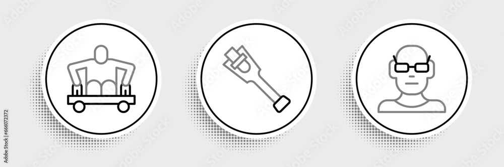 Set line Poor eyesight, Man without legs sitting wheelchair and Prosthesis icon. Vector Set line Poor eyesight, Man without legs sitting wheelchair and Prosthesis icon. Vector