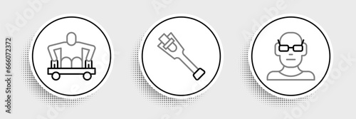 Set line Poor eyesight, Man without legs sitting wheelchair and Prosthesis icon. Vector