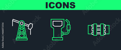 Set line Metallic pipes and valve, Oil pump or pump jack and Petrol gas station icon. Vector