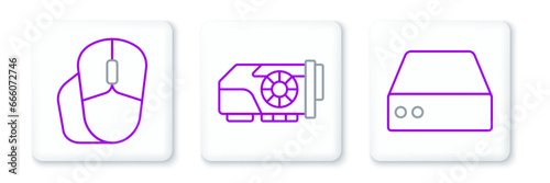 Set line Server, Data, Web Hosting, Computer mouse and Video graphic card icon. Vector