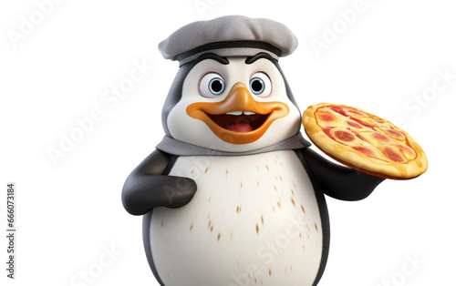 Happy Stunning Chef Penguin Eat lot of Pizza 3D Character Isolated on Transparent Background PNG. © Haider