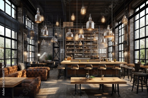 Bar with industrial loft interior, modern wooden furniture, light windows, and bright lights. Generative AI © Ronald