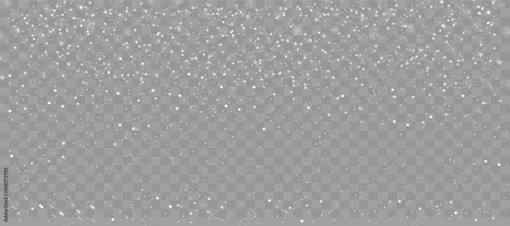Winter background with snow falling on transparent background, Vector  Christmas banner with snowflakes in different shapes on snowdrifts.Holiday backdrop for Merry Christmas and Happy New Year 2024