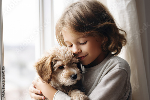 Boy with a puppy near the window