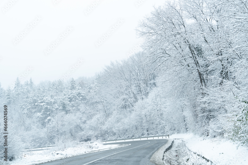 Obraz premium Winter landscape with snow-covered trees and road