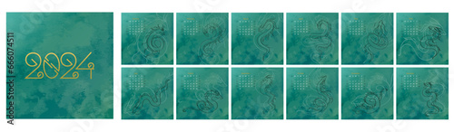 Calendar 2024. Square monthly calendar with the Symbol of the year green Dragon in outline style. Vector illustration.